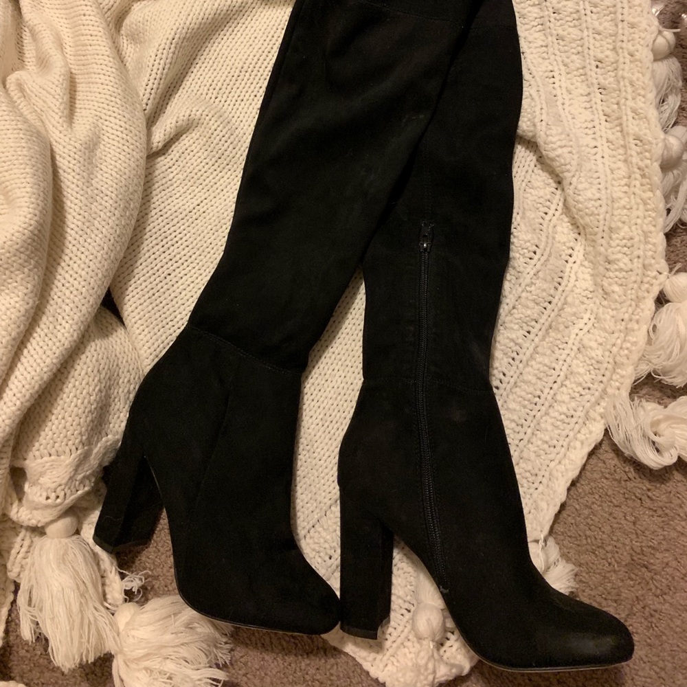 Mid Thigh Suede Black Heeled Boots